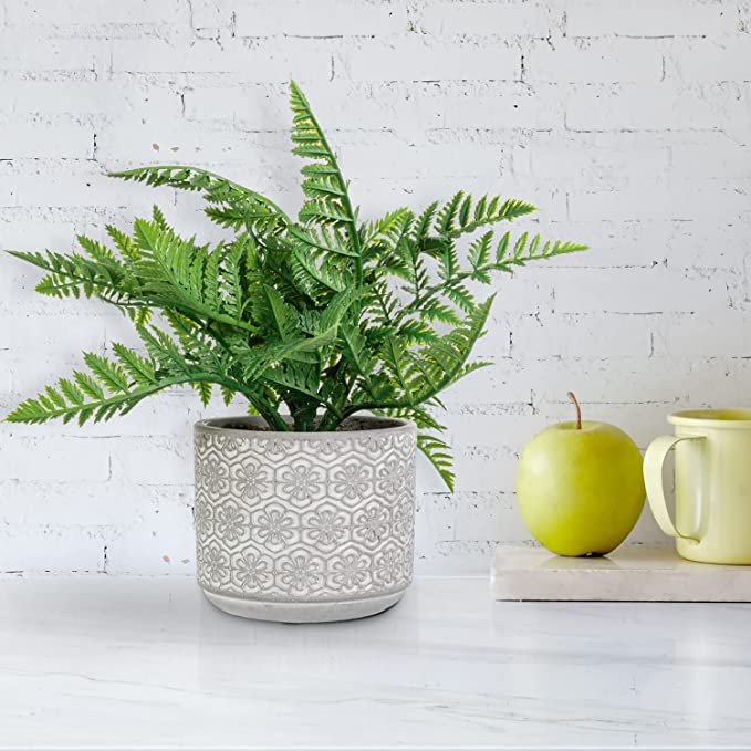 Fake House Plant, Artificial Boston Fern Potted in Embossed Concrete Planter Pot with Fillers-MyGift