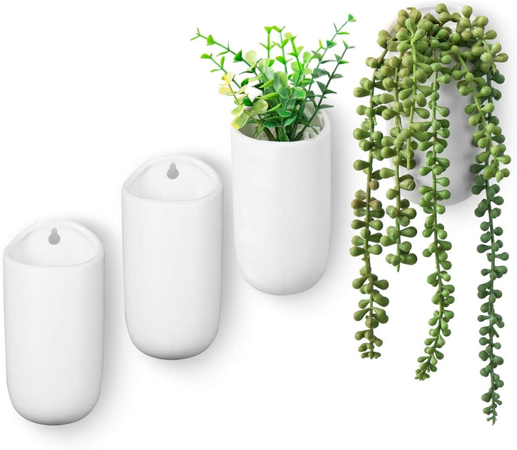 Set of 4, Matte White Ceramic Wall Mounted Cylindrical Succulent Flower Planter Pots-MyGift