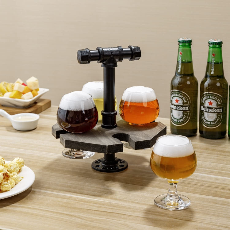 Industrial Pipe and Weathered Gray Wood Beer, Whiskey Flight Set with 4 Glasses-MyGift