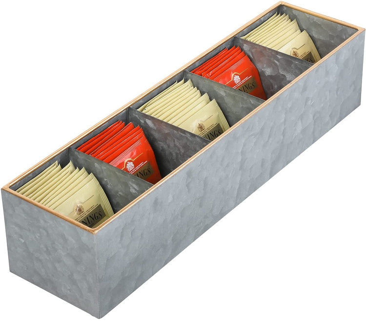 Metal Tea Box Organizer, 5 Compartment Rustic Galvanized and Copper Tone Tea Bag Storage Holder Caddy-MyGift