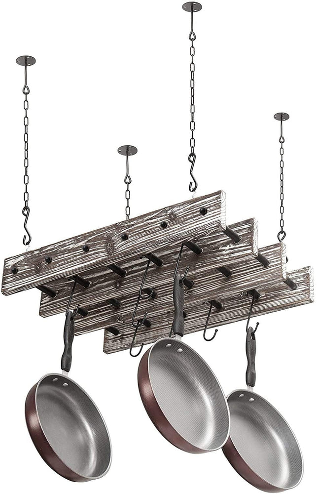 Kitchen Pot Rack w/ Rustic Burnt Wood & Industrial Black Metal Wire