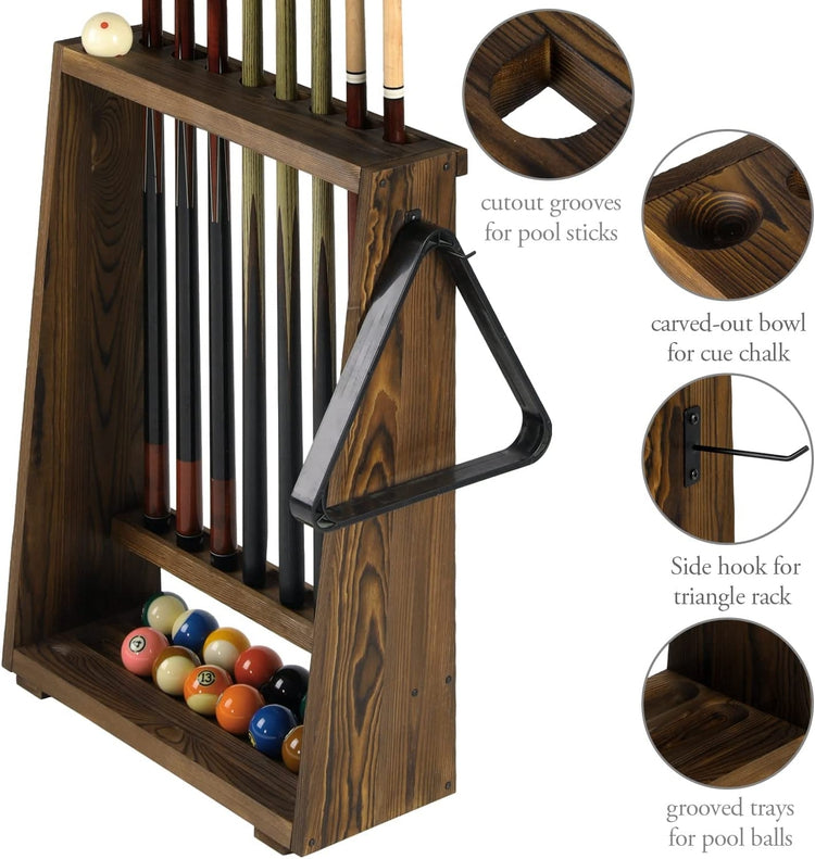 Burnt Brown Wood Freestanding Billiards Accessories Rack, Floor Standing Pool Cue Holder, Ball Shelf, and Triangle Hook-MyGift