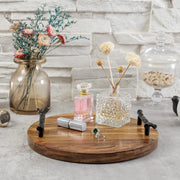 Burnt Brown Mango Wood Round Serving Tray Centerpiece with Cast Iron Branch Design Handles-MyGift