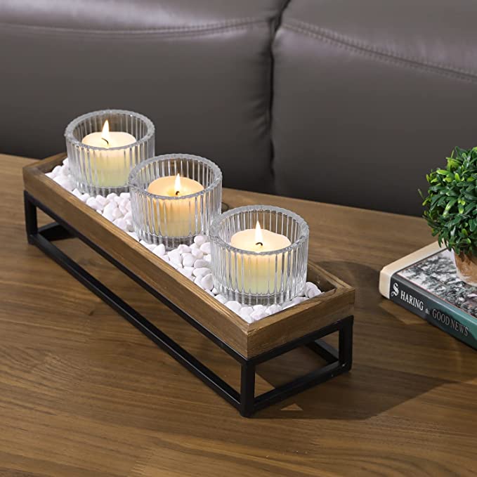 Burnt Wood & Black Metal Tabletop Candle Holder Set Includes Ribbed Clear Tealight Cups & White Stone Filler-MyGift