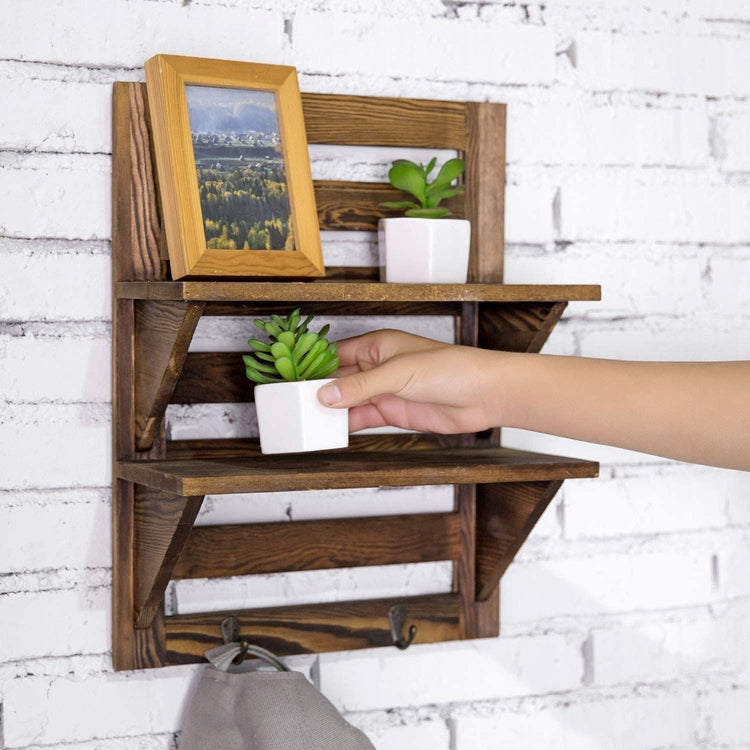 Dark Brown, 2-Tier Wall Mounted Wood Floating Shelf Rack with 2 Key Hooks-MyGift