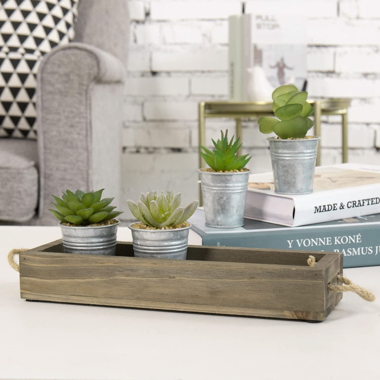 Assorted Mini Artificial Succulent Plants in Galvanized Metal Planter Pots with Gray Wood Tray-MyGift