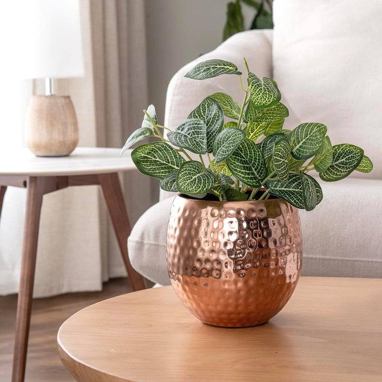 6.5 Inch Copper Metal Planter Pot, Tabletop Decorative Round Plant Container in Pebbled Texture-MyGift