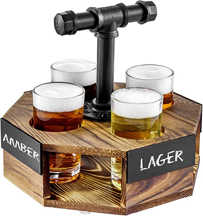 Burnt Solid Wood Octagon Beer Flight Serving Caddy with Metal Pipe Handle,Beer Glasses and Chalkboard Label Panel-MyGift