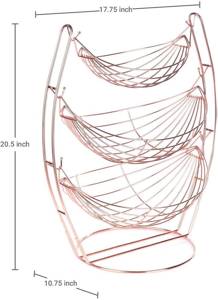 3-Tier Rose Gold-Tone Metal Hammock-Style Produce Fruit Storage Baskets-MyGift
