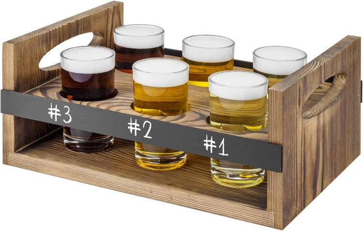 Burnt Wood Craft Beer Flight Board Set with 6 oz Beer Tasting Glasses, Serving Tray with Erasable Chalkboard Panel-MyGift
