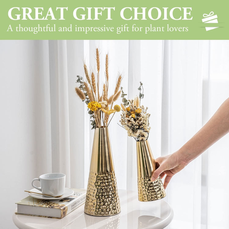 7 and 10.5 Inch Brass Tone Metal Tapered Flower Vases with Hammered Pattern, Vase for Floral Arrangements-MyGift