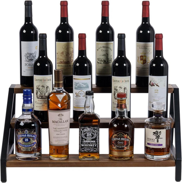 Tabletop 3 Tier Black Metal and Brown Wood Storage Rack, Wine Bottle Rack-MyGift