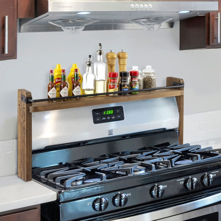 Stovetop Spice Rack, Burnt Wood and Industrial Black Metal Space Saving Over Stovetop Range Storage Display Shelf-MyGift