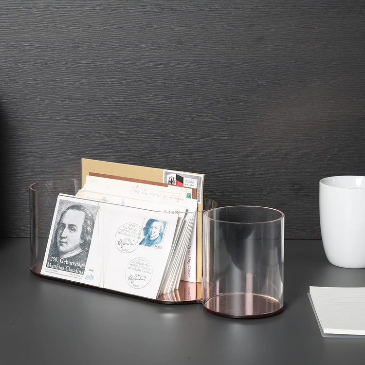 Acrylic Mail Sorter Stationery Holder and Pencil Cup Desktop Organizer Rack with Copper Base-MyGift