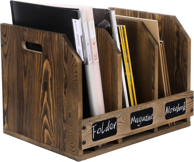 Burnt Brown Wood Office Desktop Document File Folder Binder Storage Organizer Rack with Chalkboard Labels-MyGift