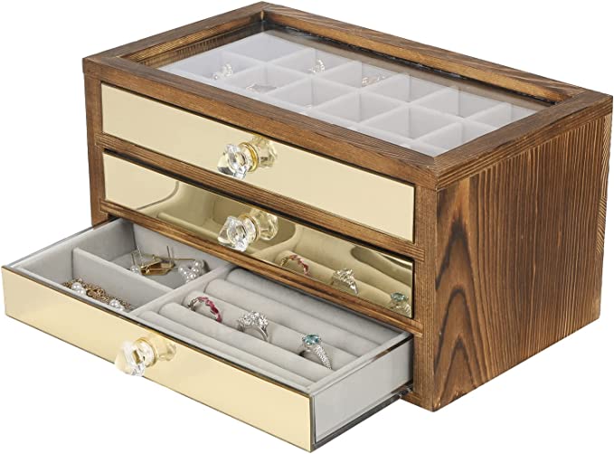 Jewelry Box with Brass Paneled Drawer, Wood Jewelry Storage Chest with 3 Velvet Lined Drawers-MyGift