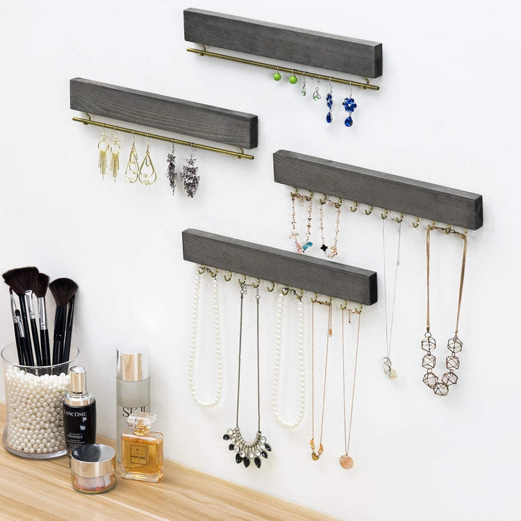 4-Piece Wall Mounted Rustic Gray Wooden Necklace, Bracelet & Earring Jewelry Accessories Storage Rack Set-MyGift