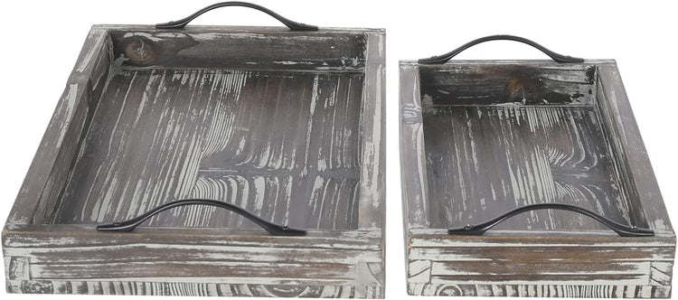 Set of 2, Torched Wood Rectangular Jewelry and Vanity Trays with Matte Black Metal Handles - Small and Large-MyGift
