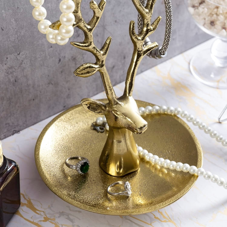 Deer Jewelry Holder Trinket Dish, Brass Tone Metal Reindeer Head Tabletop Ring Tray with Necklace and Bracelet Stand-MyGift