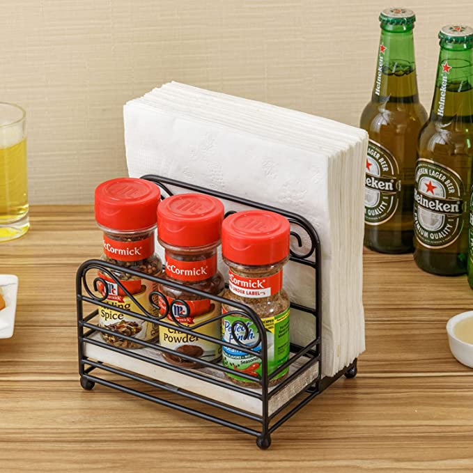 Napkin and Spice Bottle Caddy, Tabletop Shabby White Weathered Wood Napkin Holder-MyGift
