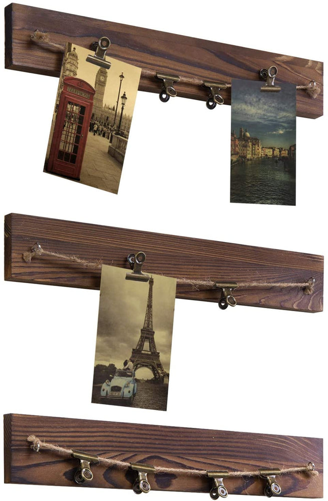 Set of 3, Burnt Brown Wood, Wall-Hanging Picture Display Rail, Photo Clip Holder Frame with 10 Vintage Clips-MyGift