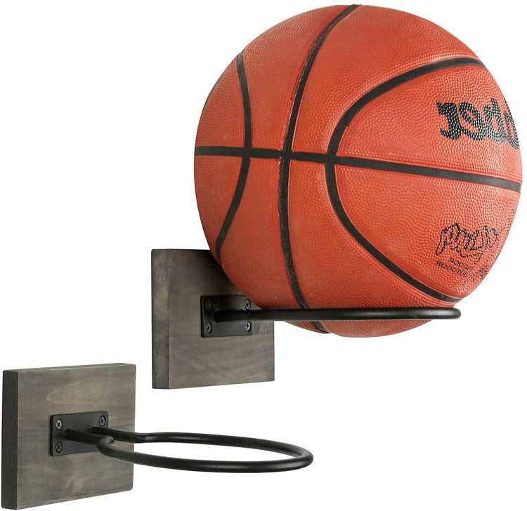 Set of 2, Gray Wood and Black Metal Wall Mounted Sports Ball Holder, Gym Storage Display Rack-MyGift
