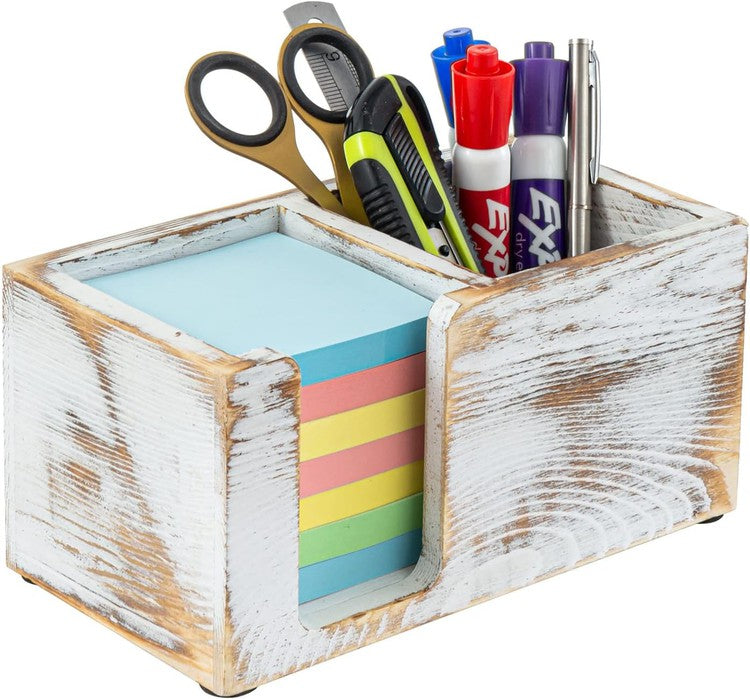 Sticky Note Conference Stand White Washed Solid Wood Sticky Note and Stationery Holder Stand, Offic ...
