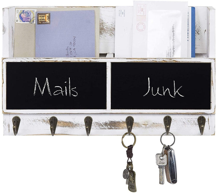 2-Slot Whitewashed Wood Mail Rack with Chalkboard and Key Hooks-MyGift