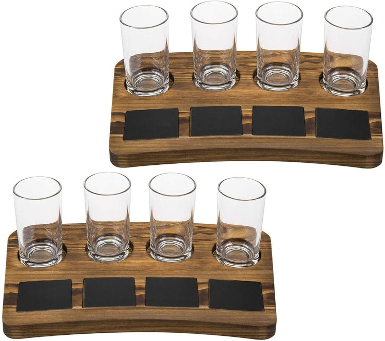 Set of 2, Dark Brown Wood 4-Glass Beer Flight Sampler Trays with Chalkboard Labels-MyGift