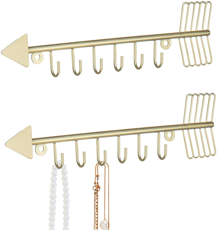 Brass Metal Wall Mounted and Jewelry Organizer Necklace Holder with 6 Hooks,  Set of 2