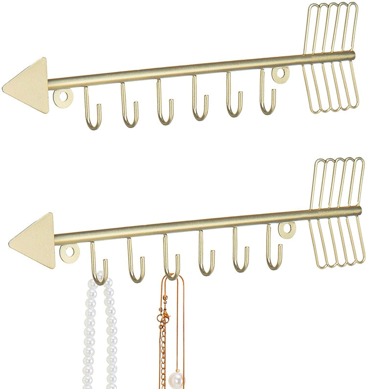 Set of 2 Brass Metal Wall Mounted Necklace Holder with 6 Hooks, Arrow Design Jewelry Organizer-MyGift