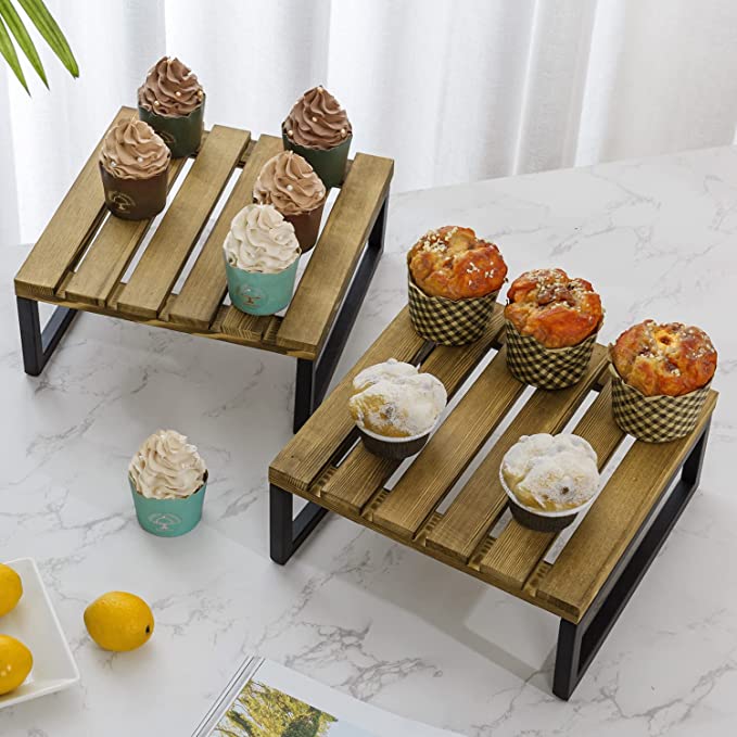 Rustic Slatted Wood Square Cake Stand with Industrial Matte Black Metal Legs, Set of 2-MyGift