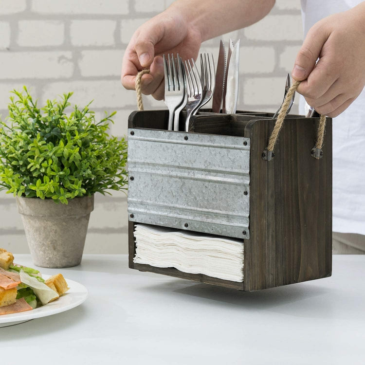 Dark Gray Rustic Wood & Galvanized Metal Dining Utensils Holder Caddy w/ Napkin Slot-MyGift