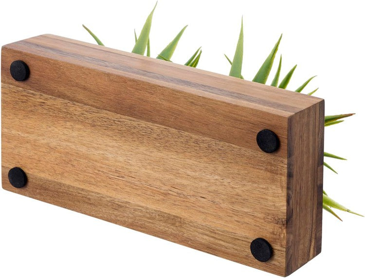 10 Inch Artificial Green Grass Plants in Acacia Wood Decorative Planter Pot, Faux Greenery in Rectangular Wood Container-MyGift