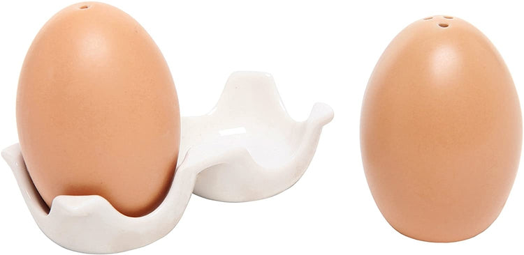 Brown Egg-Shaped Salt and Pepper Shaker Set with Egg Carton Style Holder-MyGift