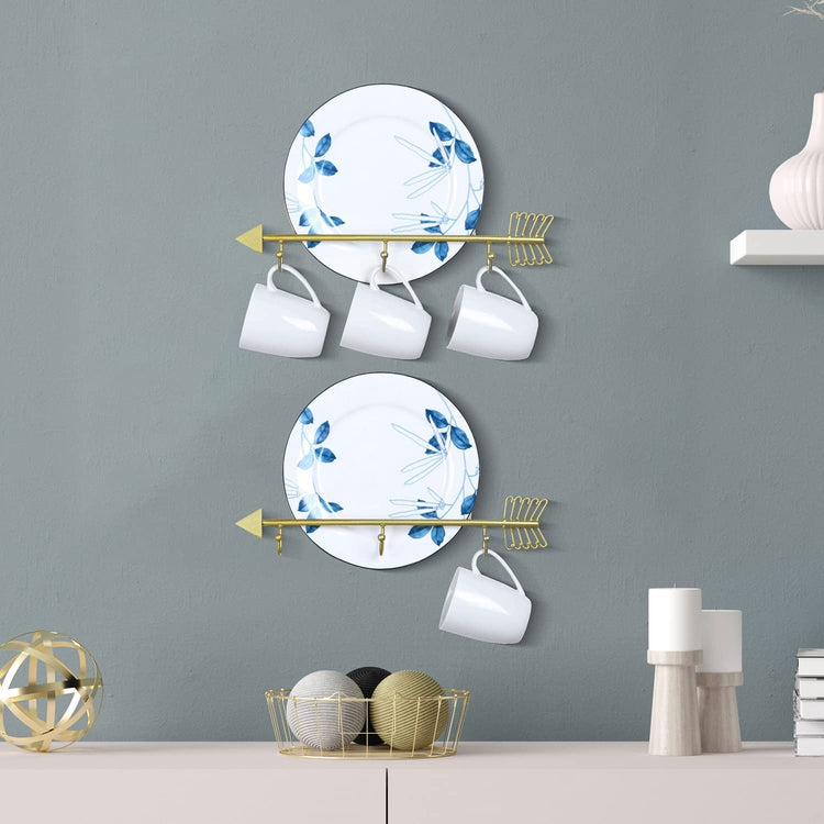 Set of 2, Brass Tone Metal Arrow Wall Mounted Plate Holder Saucer Display Rack with 3 Hooks-MyGift