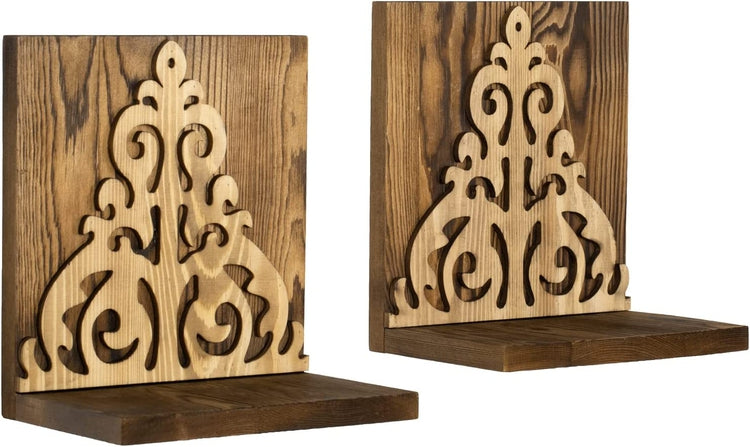 Set of 2, Floating Shelves, L-Shaped Wall Mounted Burnt Wood Display Shelf with Carved Scrollwork Decal Accent-MyGift