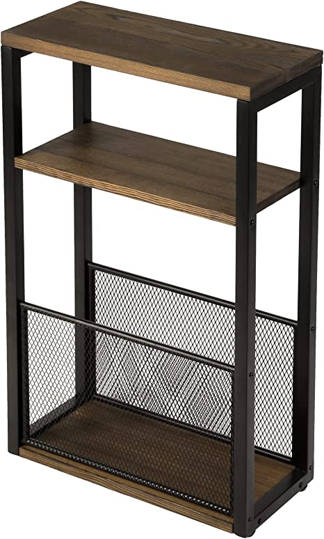 Rustic Burnt Wood End Table with Industrial Black Metal Frame and Mesh Magazine Holder, 25 Inch-MyGift