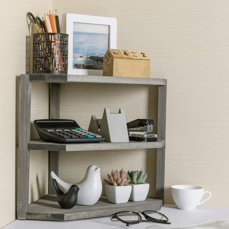 3-Tiered Weathered Gray Wood Kitchen Countertop Corner Organizer Shelf-MyGift