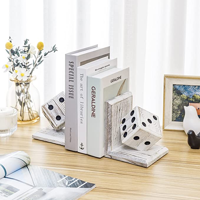 Vintage White Sturdy Book Stands, Decorative Bookends with Gaming Dice Sculpture, 1 Pair-MyGift