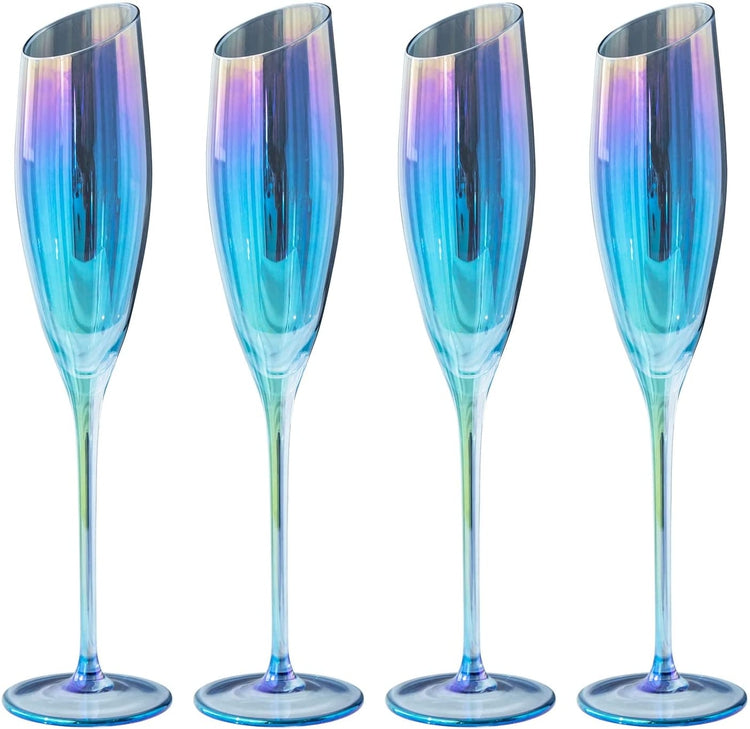 Set of 4, Blue Iridescent Champagne Glasses, Angled Stemmed Flute Glassware-MyGift