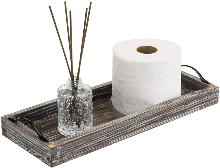 16 Inch Rustic Torched Wood Rectangular Vanity Display Tray with Black Metal Handles-MyGift