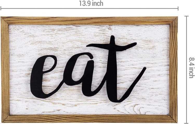 EAT Wall Art Sign, Hanging Whitewashed Wood and Matte Black Cursive Eat Word Sign with Burnt Wooden Frame-MyGift