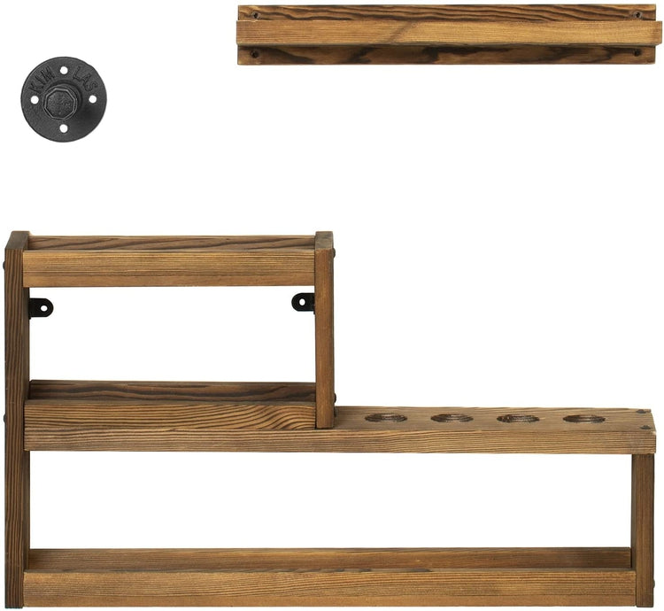 Pool Cue Rack Set, Burnt Wood Billiards Cue Stand Wall Mount Holder, Ball Storage with Pipe Triangle Rack Hanging Hook-MyGift