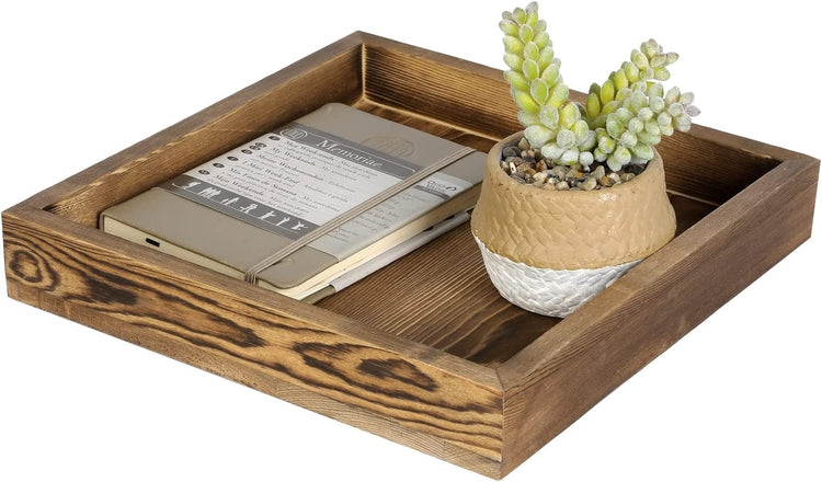Burnt Wood Square Serving Tray with Handles, 10-Inch Wooden Ottoman, Coffee Table, Centerpiece Tray-MyGift