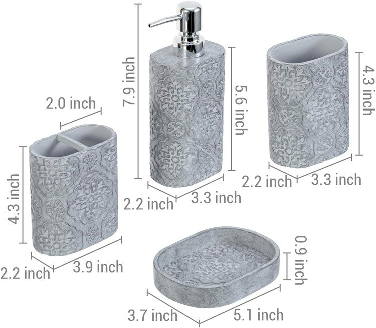 Etched Flower Gray Resin Vanity Set with Liquid Soap or Lotion Dispenser, Toothbrush Holder, Tumbler Cup and Soap Dish-MyGift