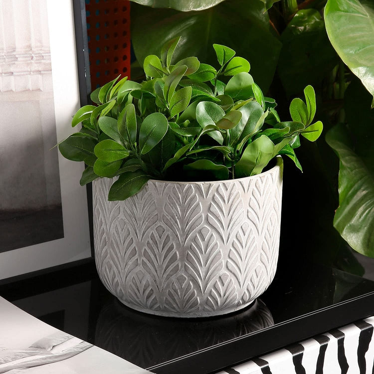 8 inch Gray Round Cement Succulent Planter, Garden Flower Pot with Embossed Tropical Palm Leaf Pattern Design-MyGift