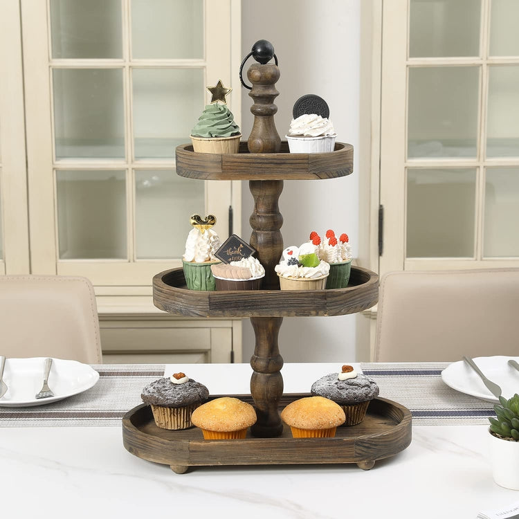 3-Tier Dark Brown Wood Tabletop Decorative Riser Oval Tray Display Rack, Dessert Cupcake Stand-MyGift