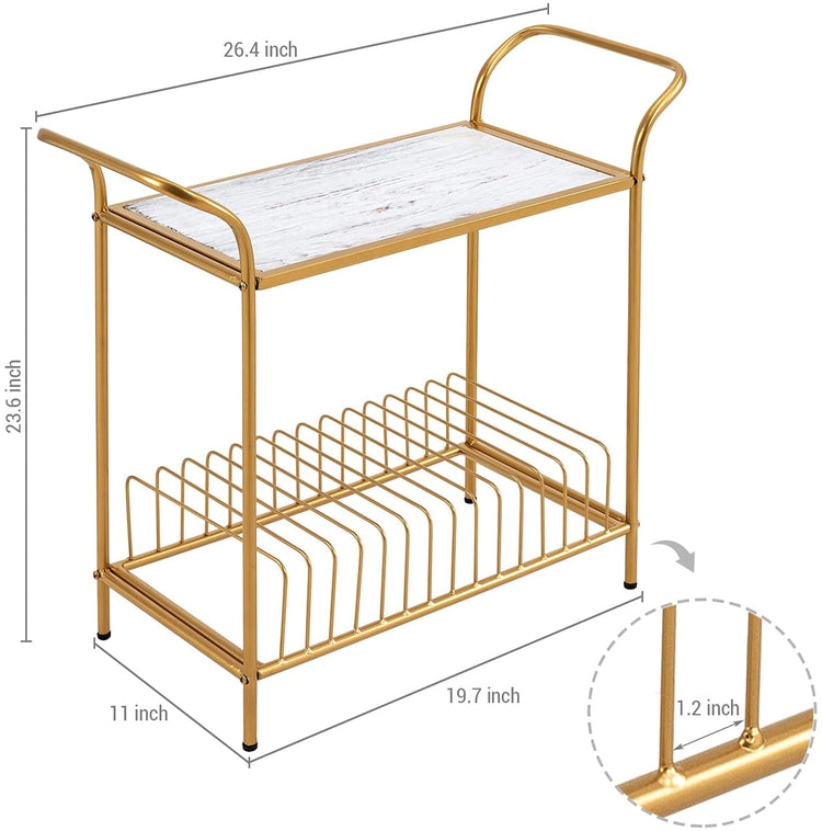 2-Tier Whitewashed Wood and Brass Tone Metal Record Player Media Stand with LP Album Storage Shelf-MyGift
