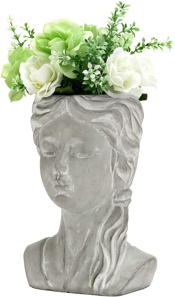 Gray Concrete Goddess Bust Design Engraved Cement Succulent Planter Pot Container, Tabletop Flower Vase-MyGift